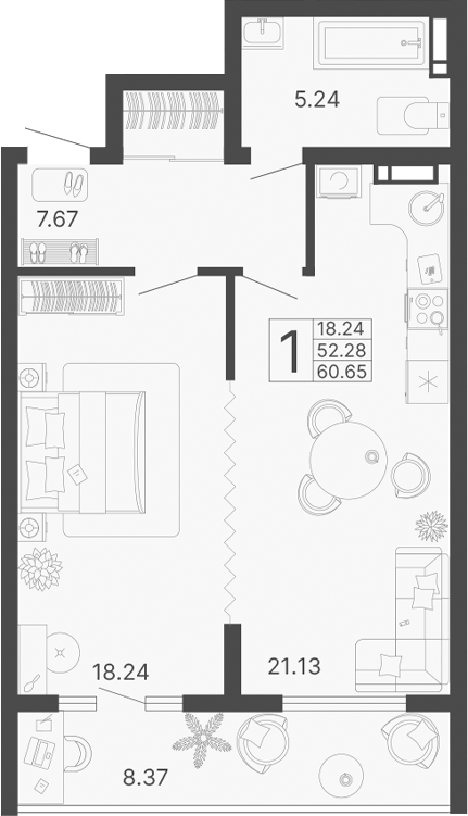 Планировка — Светский лес, 1-комн., 52 м²