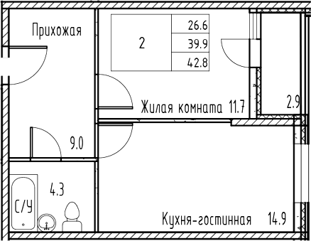 Планировка — Gray, 1-комн., 40 м²