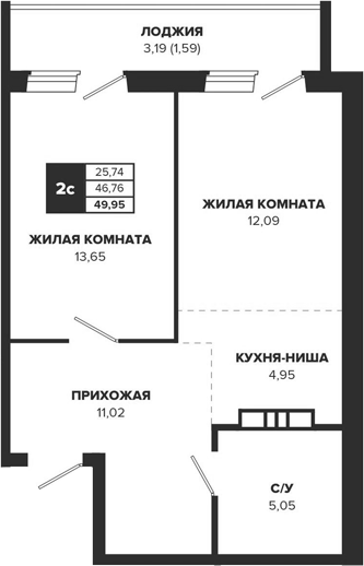 Планировка — ВИВАТ! Знаменский, 2-комн., 47 м²