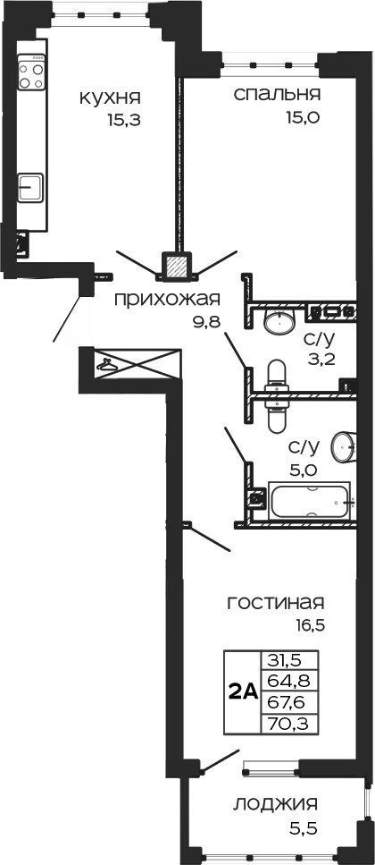 Планировка — Театрал , 2-комн., 65 м²
