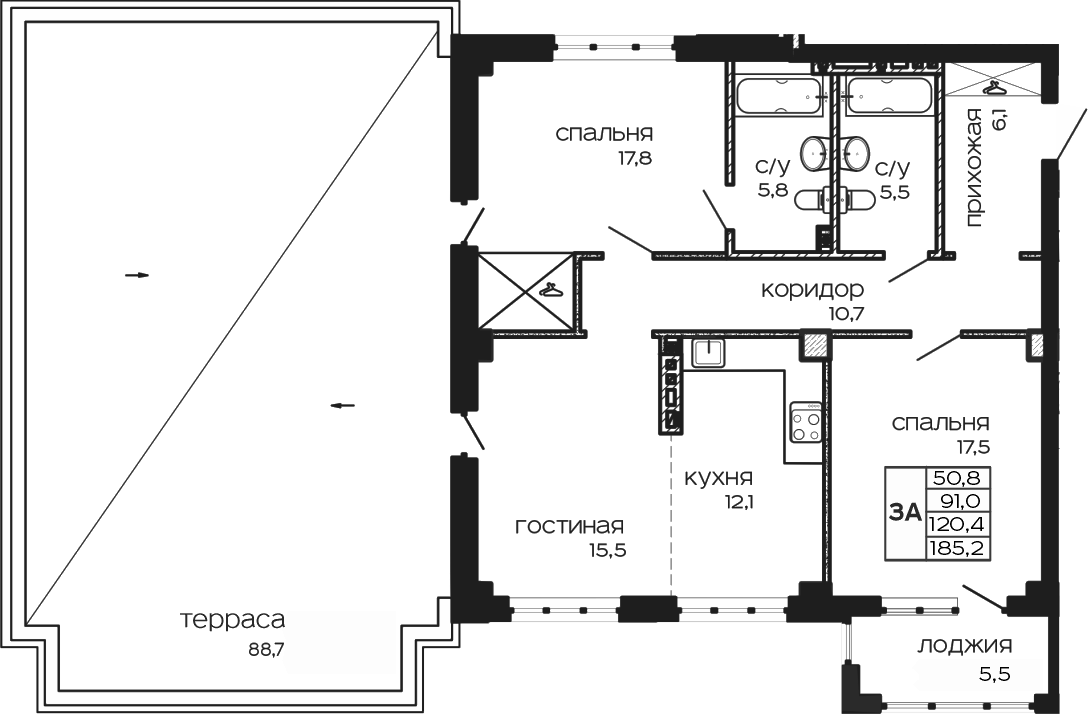 Планировка — Театрал , 3-комн., 92 м²