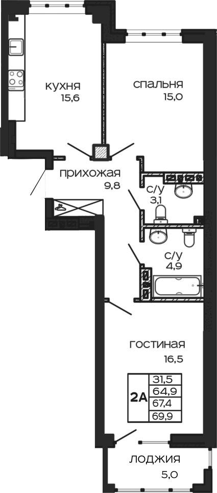 Планировка — Театрал , 2-комн., 65 м²
