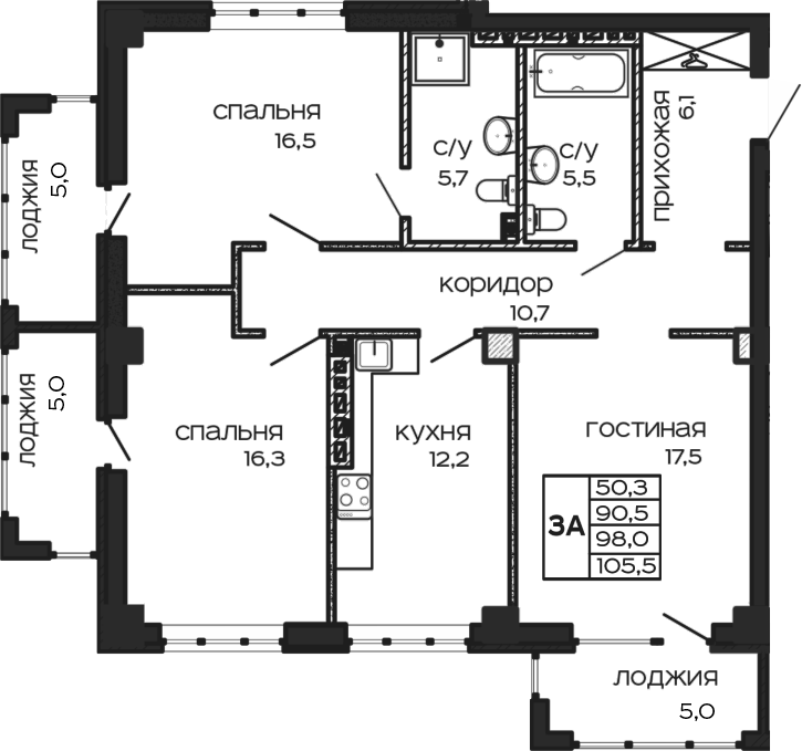 Планировка — Театрал , 3-комн., 91 м²