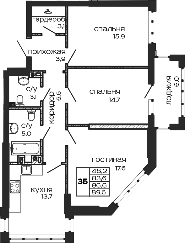 Планировка — Театрал , 3-комн., 84 м²