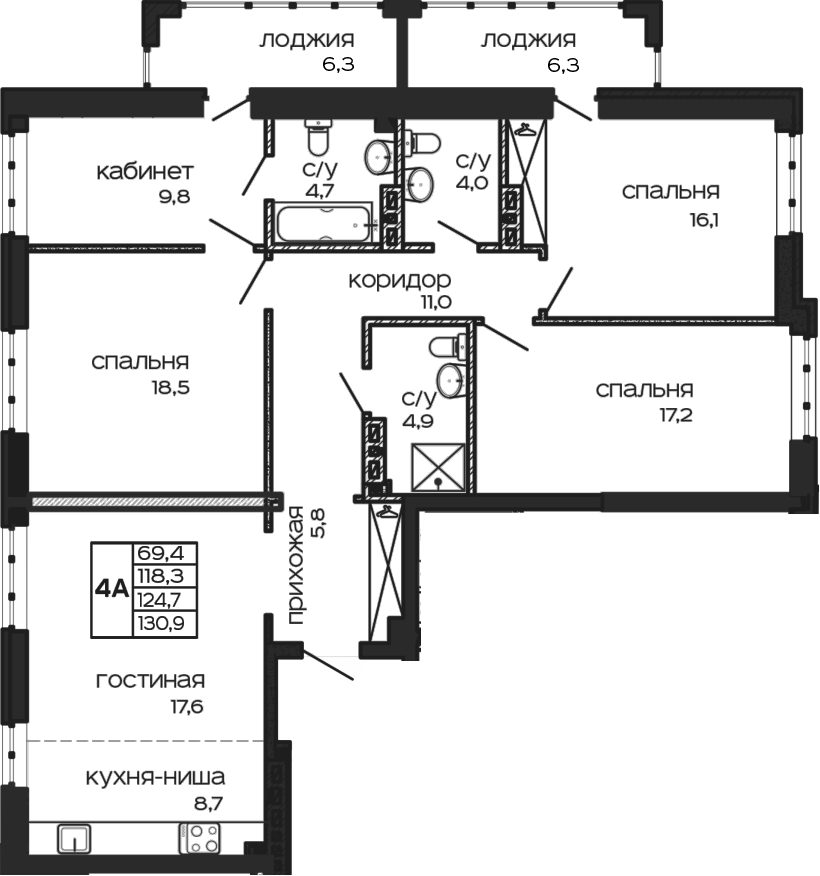 Планировка — Театрал , 5-комн., 118 м²