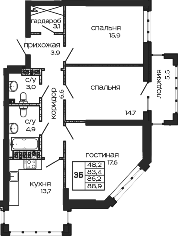 Планировка — Театрал , 3-комн., 83 м²