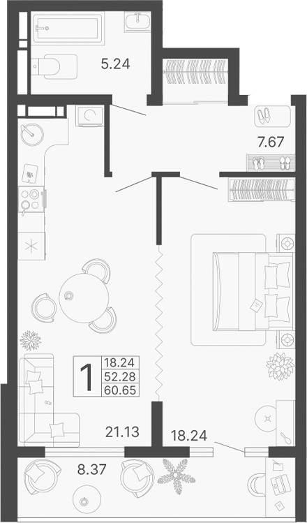 Планировка — Светский лес, 1-комн., 52 м²