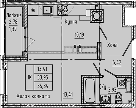 Планировка — Пальмира 2.0, 1-комн., 34 м²