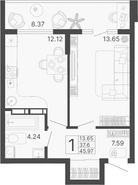 Планировка — Светский лес, 1-комн., 38 м²