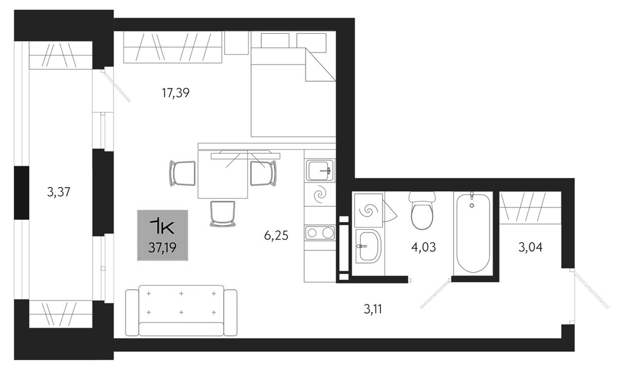 Планировка — Поэзия. Томск, Студия, 34 м²