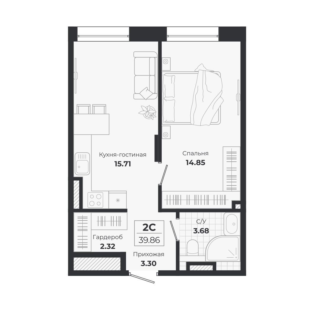 Планировка — Ясный Берег, 2-комн., 40 м²