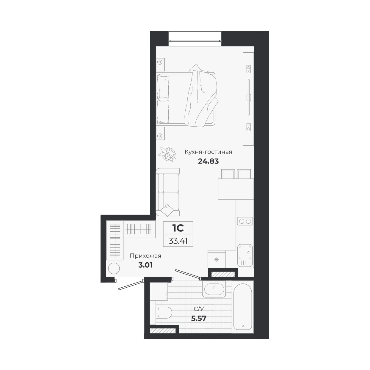 Планировка — Ясный Берег, Студия, 33 м²