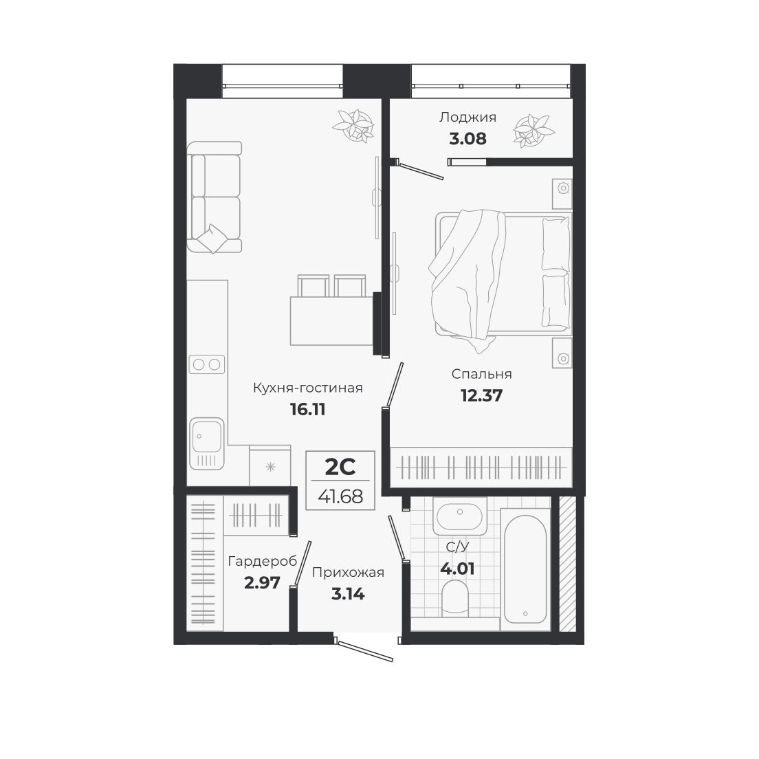 Планировка — Ясный Берег, 2-комн., 39 м²