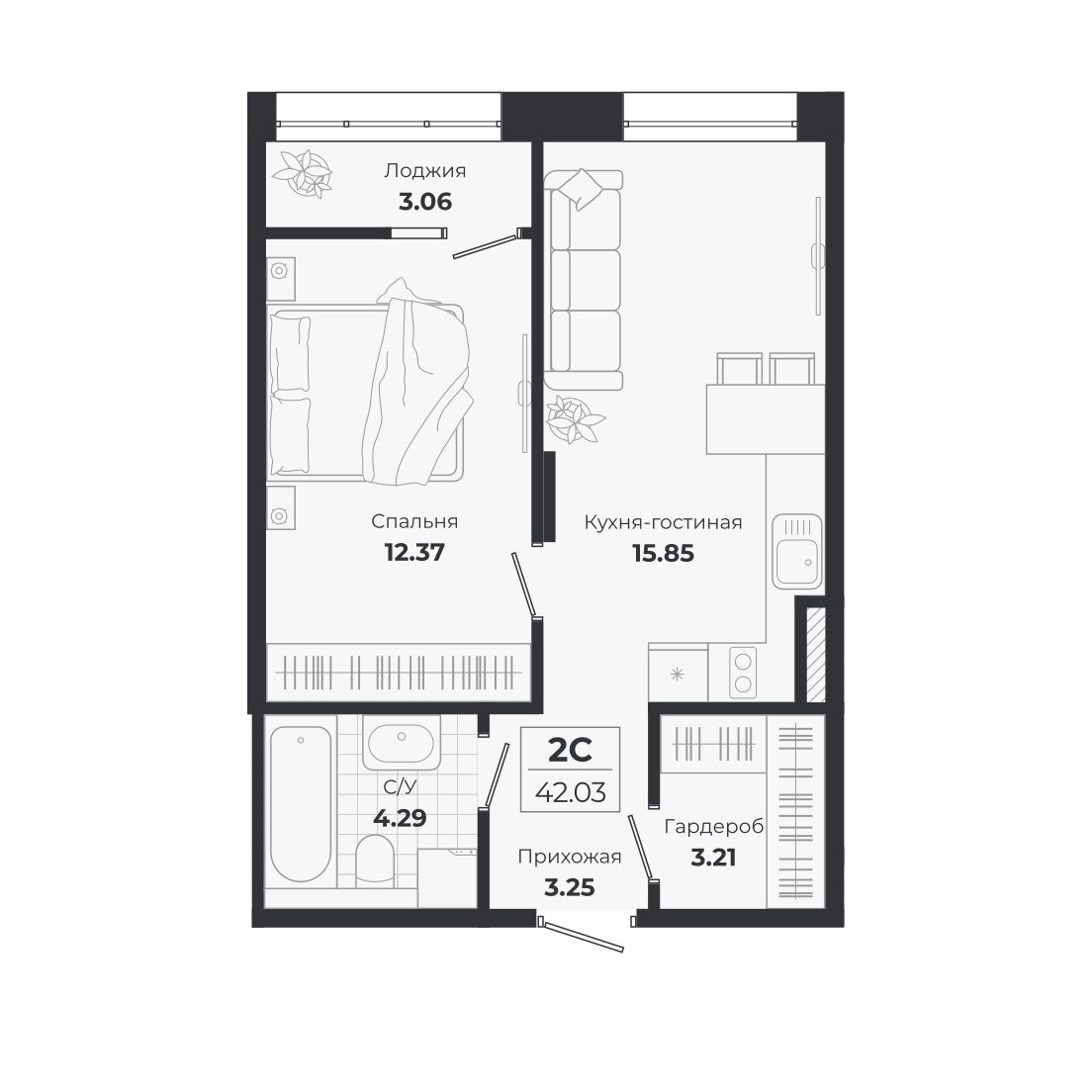 Планировка — Ясный Берег, 2-комн., 39 м²