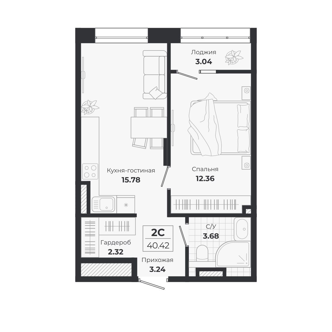 Планировка — Ясный Берег, 2-комн., 37 м²