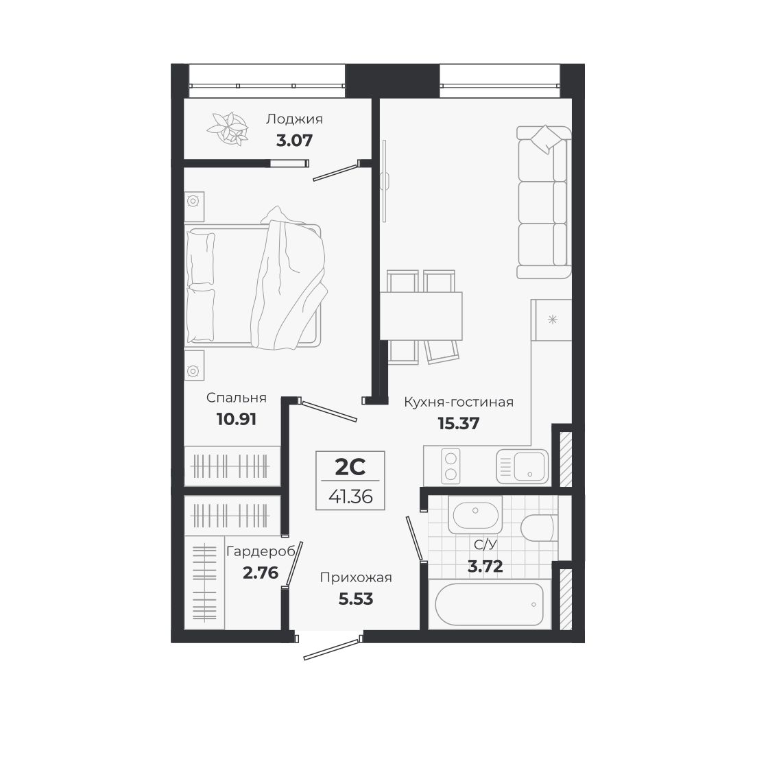 Планировка — Ясный Берег, 2-комн., 38 м²