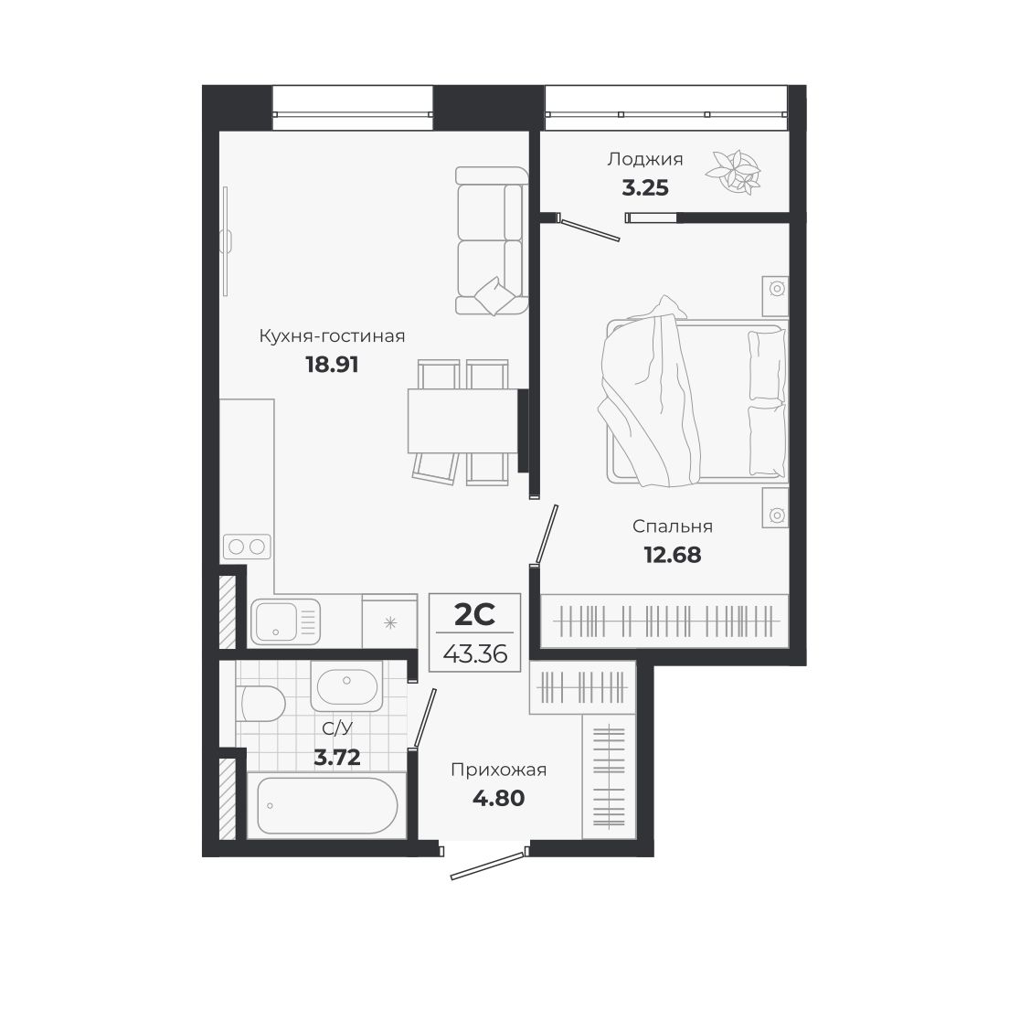 Планировка — Ясный Берег, 2-комн., 40 м²