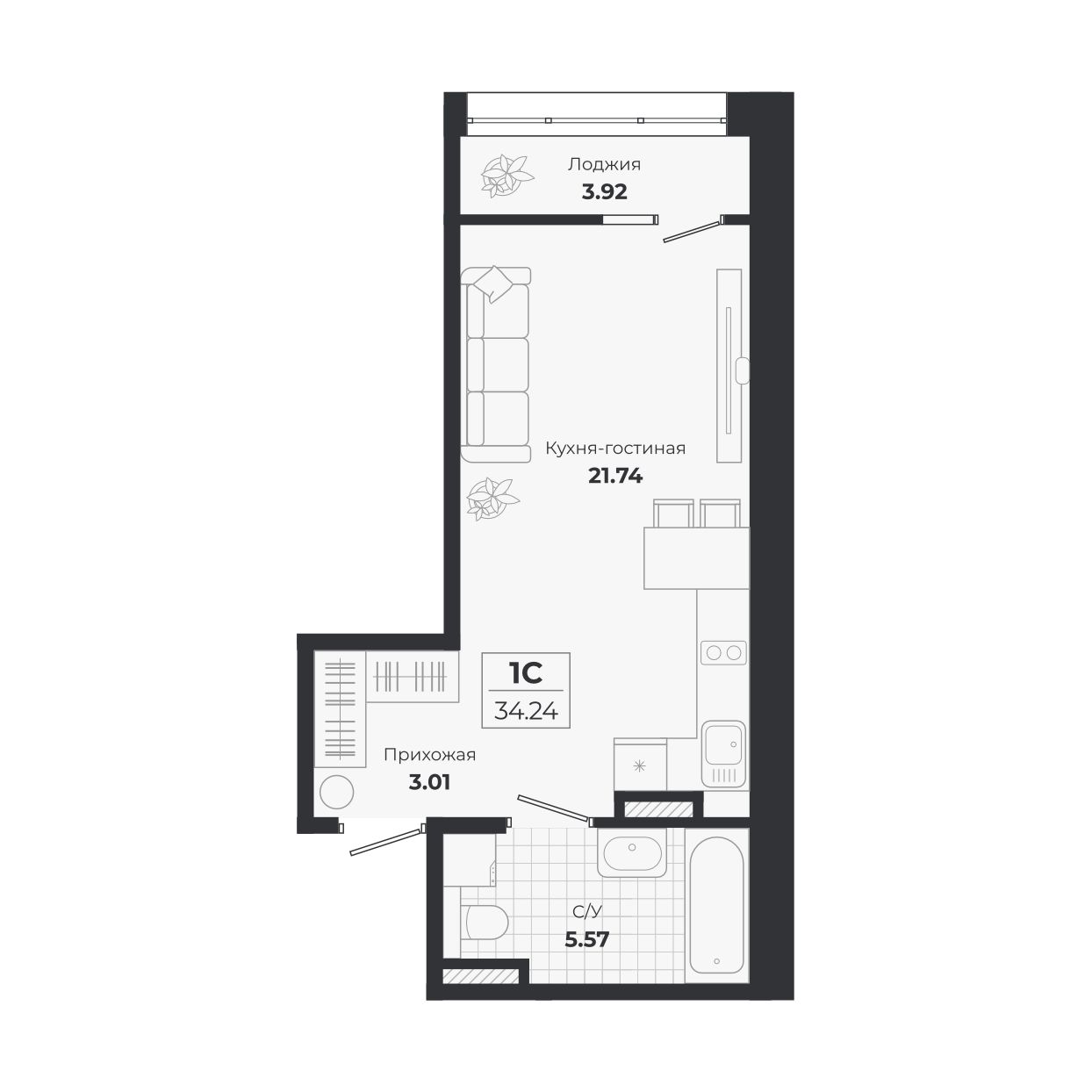 Планировка — Ясный Берег, Студия, 30 м²