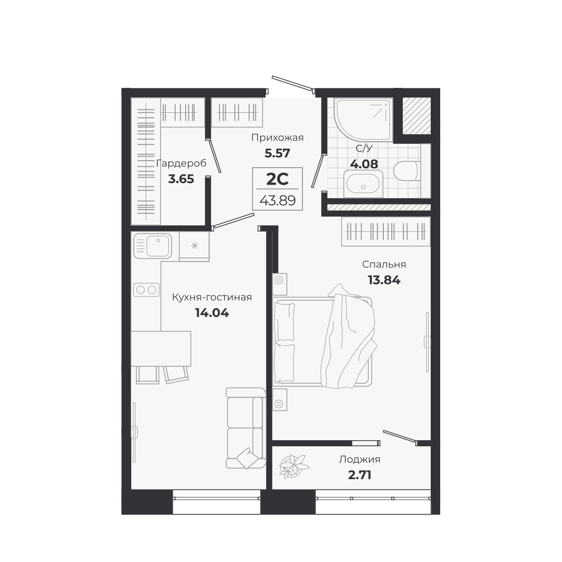 Планировка — Ясный Берег, 2-комн., 41 м²