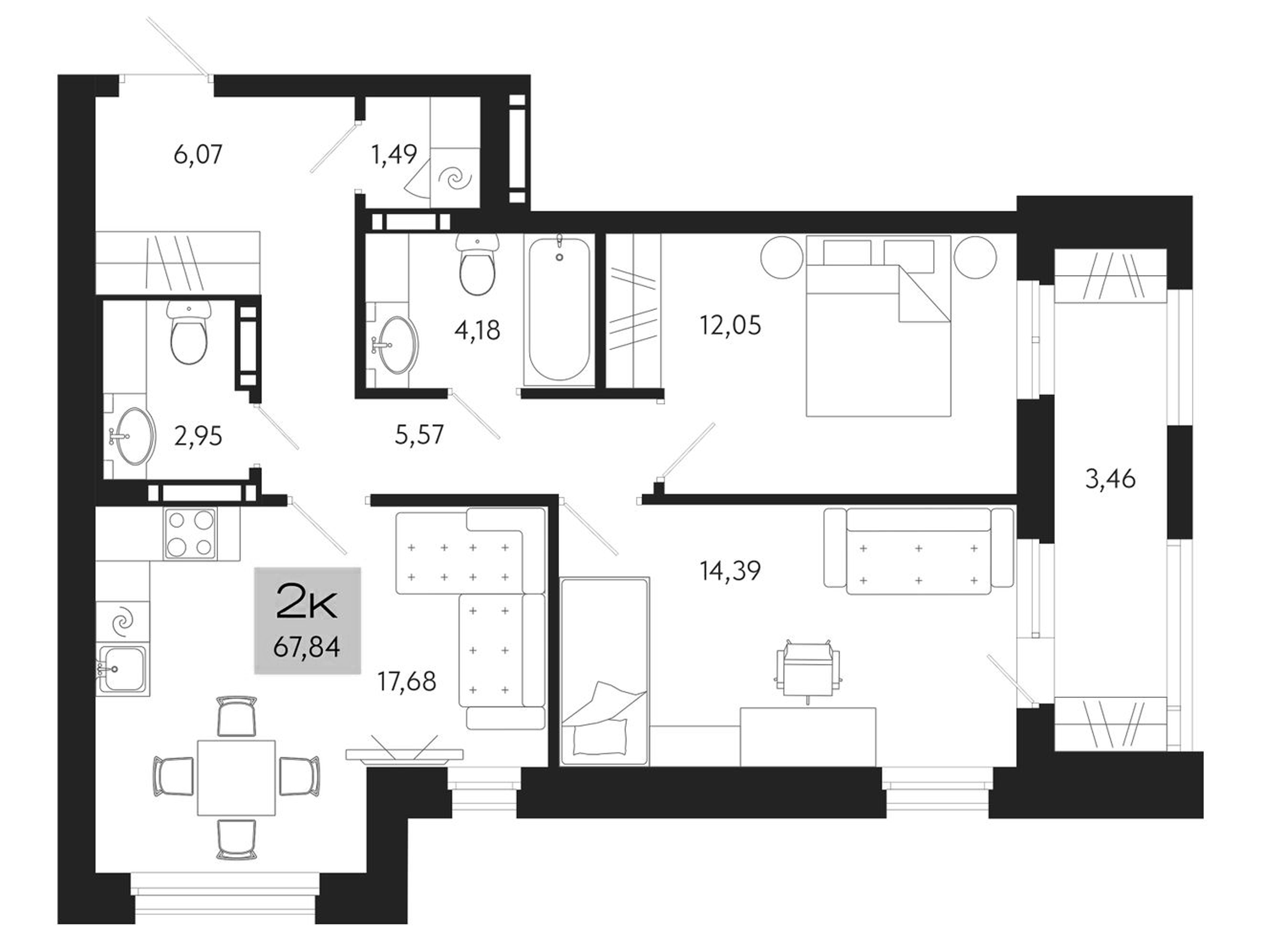 Планировка — Поэзия. Томск, 3-комн., 64 м²