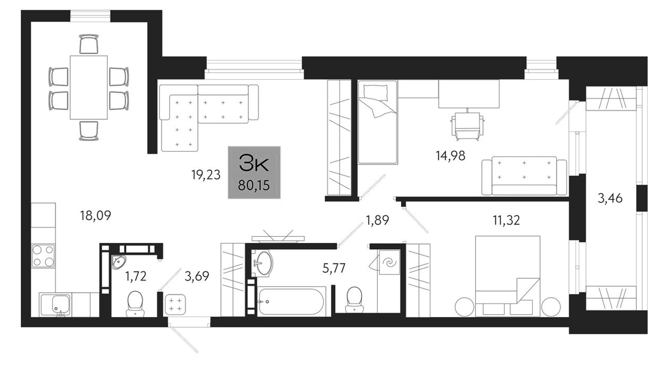 Планировка — Поэзия. Томск, 3-комн., 77 м²