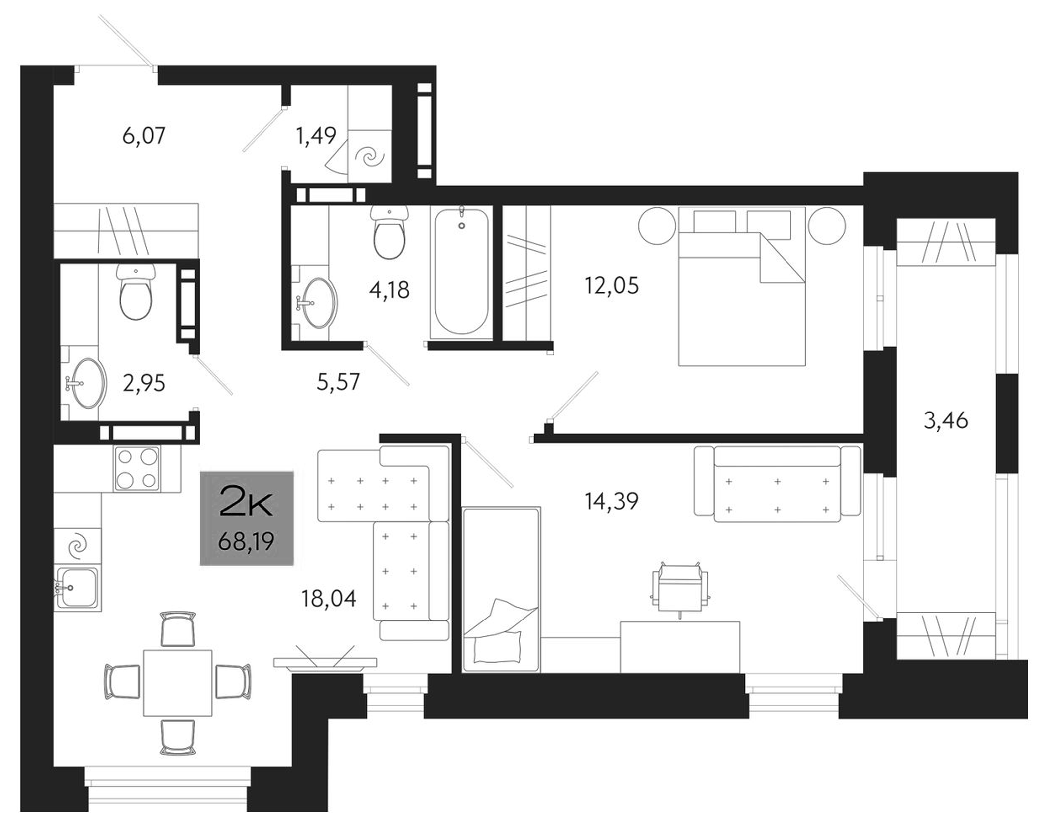 Планировка — Поэзия. Томск, 3-комн., 65 м²