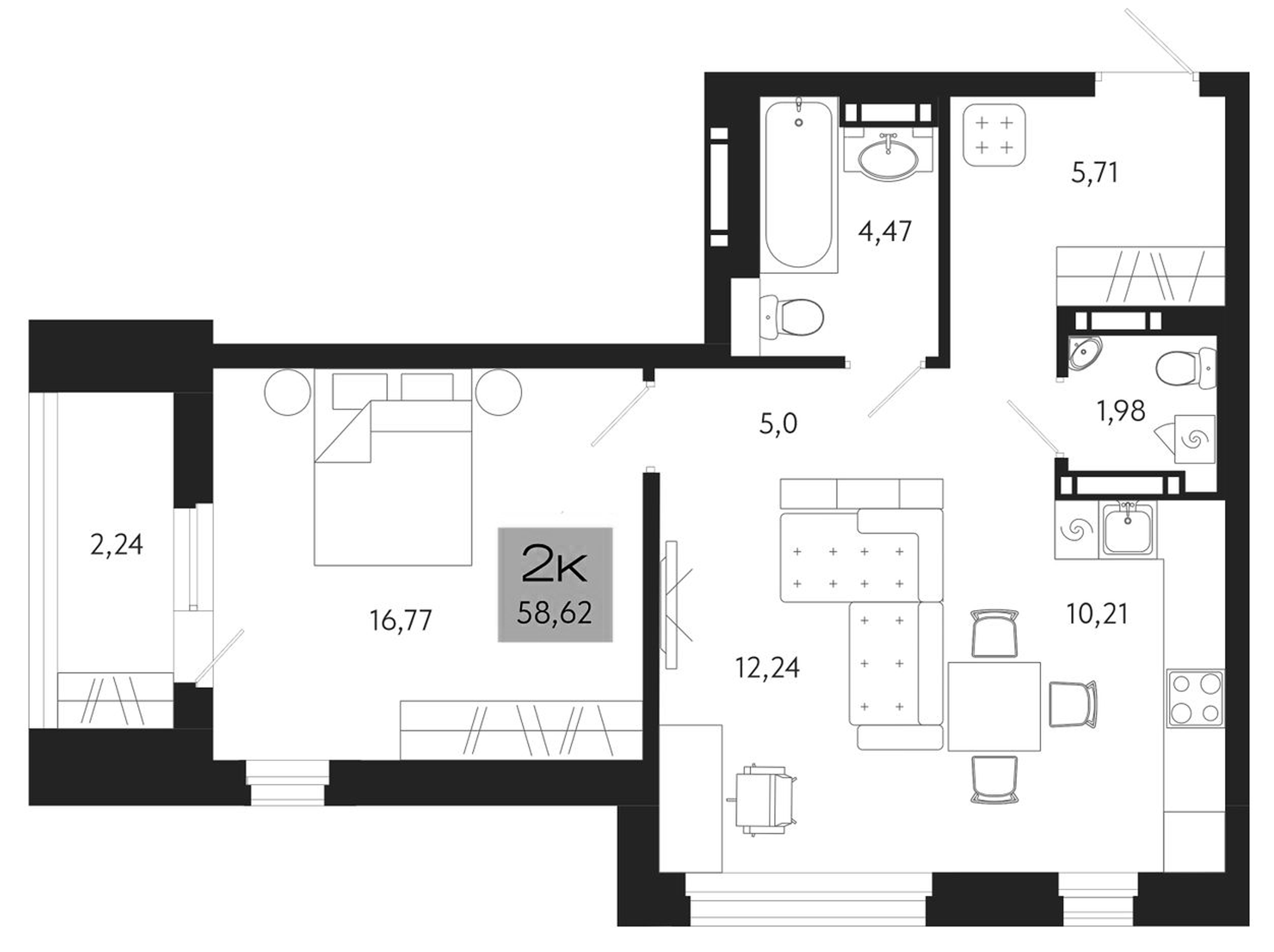 Планировка — Поэзия. Томск, 2-комн., 56 м²