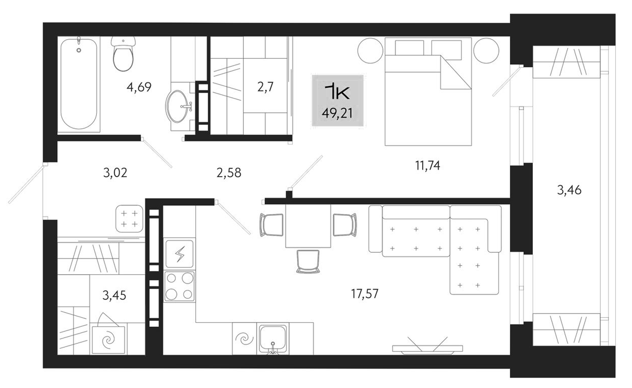 Планировка — Поэзия. Томск, 2-комн., 46 м²