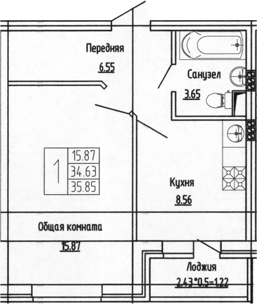 Планировка — Фруктовый сад, 1-комн., 35 м²
