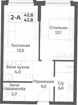 Планировка — RIZALTA RESORT BELOKURIKHA, 2-комн., 43 м²