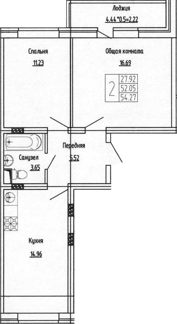 Планировка — Фруктовый сад, 2-комн., 52 м²