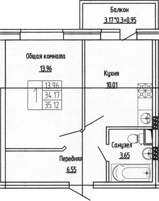 Планировка — Фруктовый сад, 1-комн., 34 м²