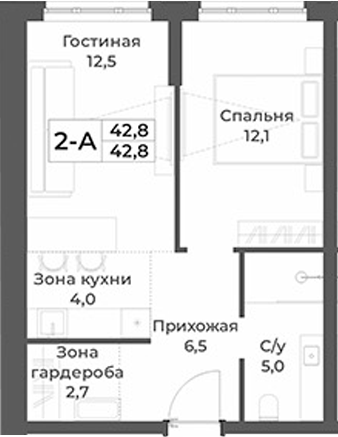 Планировка — RIZALTA RESORT BELOKURIKHA, 2-комн., 43 м²