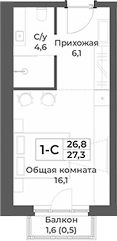 Планировка — RIZALTA RESORT BELOKURIKHA, Студия, 27 м²