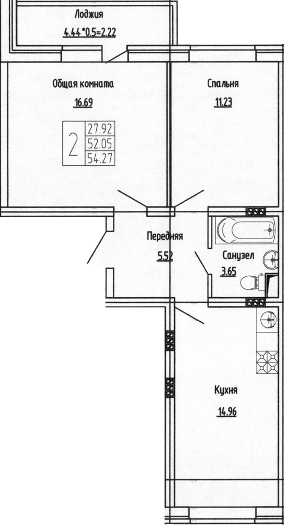 Планировка — Фруктовый сад, 2-комн., 52 м²