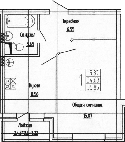 Планировка — Фруктовый сад, 1-комн., 35 м²