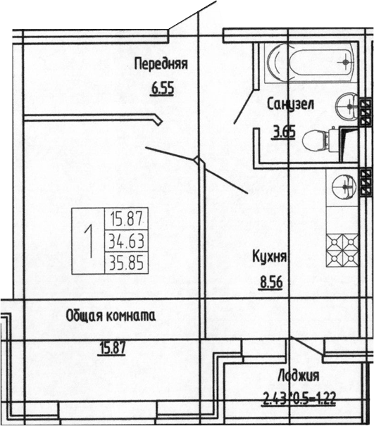 Планировка — Фруктовый сад, 1-комн., 35 м²
