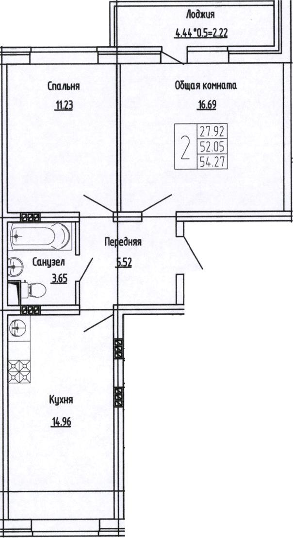 Планировка — Фруктовый сад, 2-комн., 52 м²
