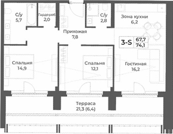 Планировка — RIZALTA RESORT BELOKURIKHA, 3-комн., 68 м²