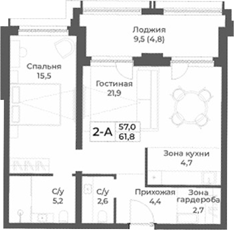 Планировка — RIZALTA RESORT BELOKURIKHA, 2-комн., 57 м²