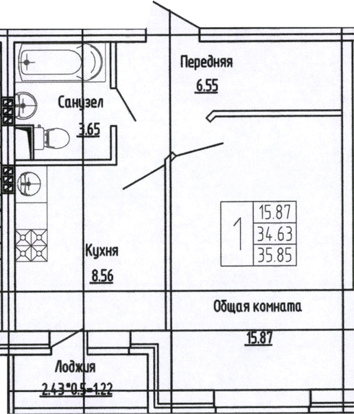 Планировка — Фруктовый сад, 1-комн., 35 м²