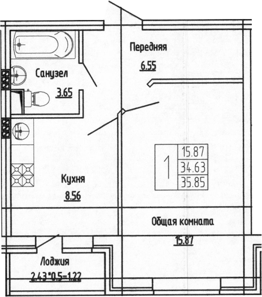 Планировка — Фруктовый сад, 1-комн., 35 м²