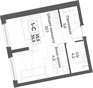 Планировка — RIZALTA RESORT BELOKURIKHA, Студия, 36 м²