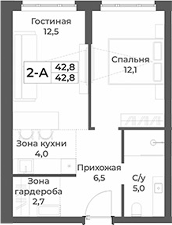 Планировка — RIZALTA RESORT BELOKURIKHA, 2-комн., 43 м²