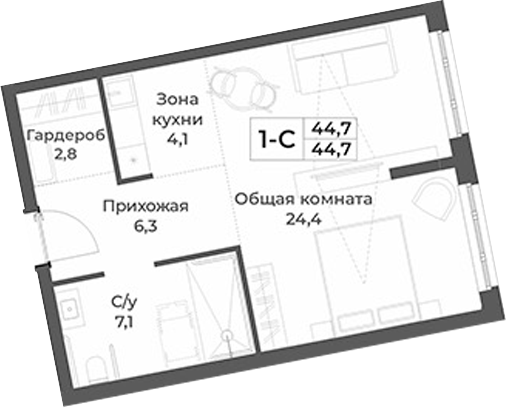 Планировка — RIZALTA RESORT BELOKURIKHA, Студия, 45 м²