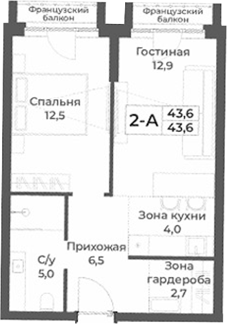 Планировка — RIZALTA RESORT BELOKURIKHA, 2-комн., 44 м²