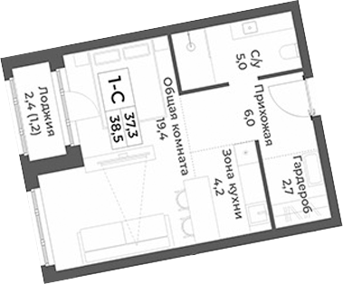 Планировка — RIZALTA RESORT BELOKURIKHA, Студия, 37 м²