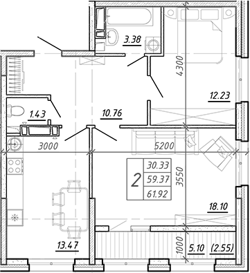 Планировка — FRAME, 2-комн., 59 м²