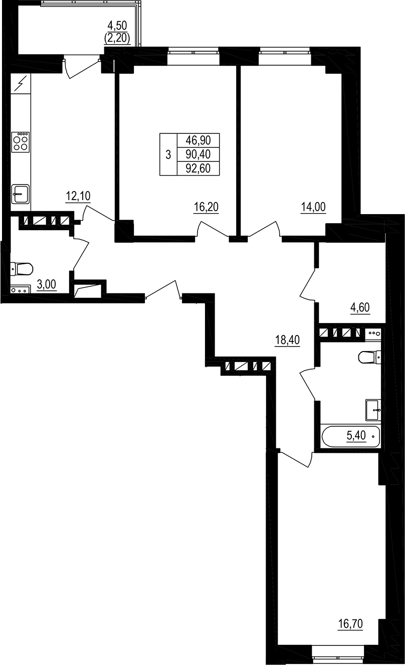Планировка — Брусника, 3-комн., 94 м²