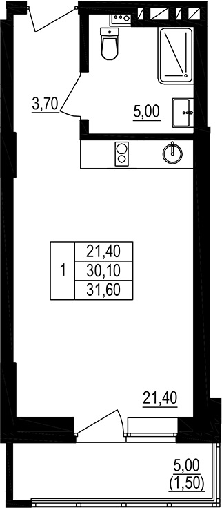Планировка — Брусника, Студия, 34 м²
